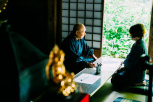 Zen Calligraphy in a temple at the base of Risshakuji Yamadera Yamagata Japan visited by Matsuo Basho composing the Narrow Road to the Deep North