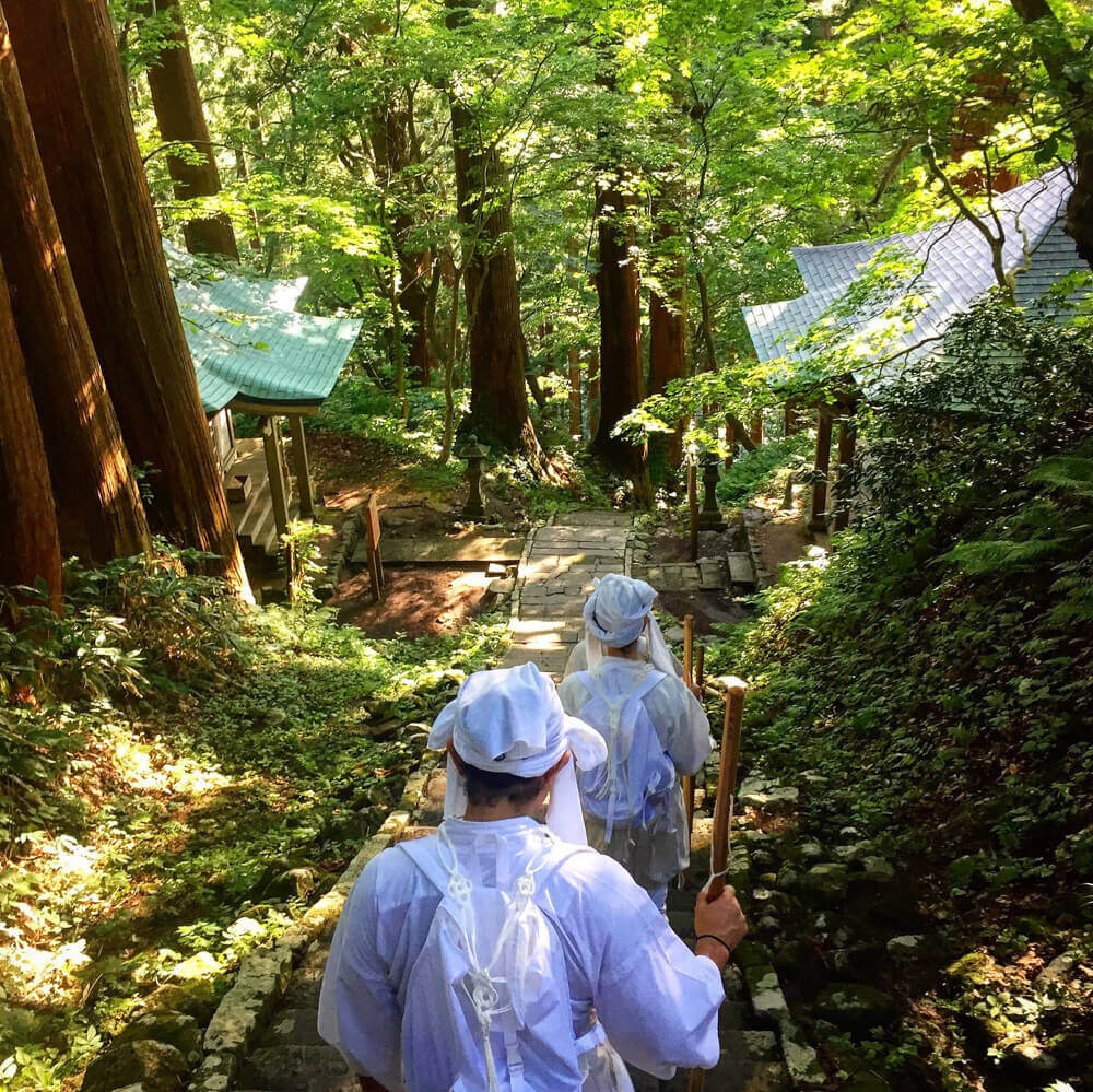 Yamabushi train on the stone stairway amongst the cedars on Mt. Haguro of the Dewa Sanzan