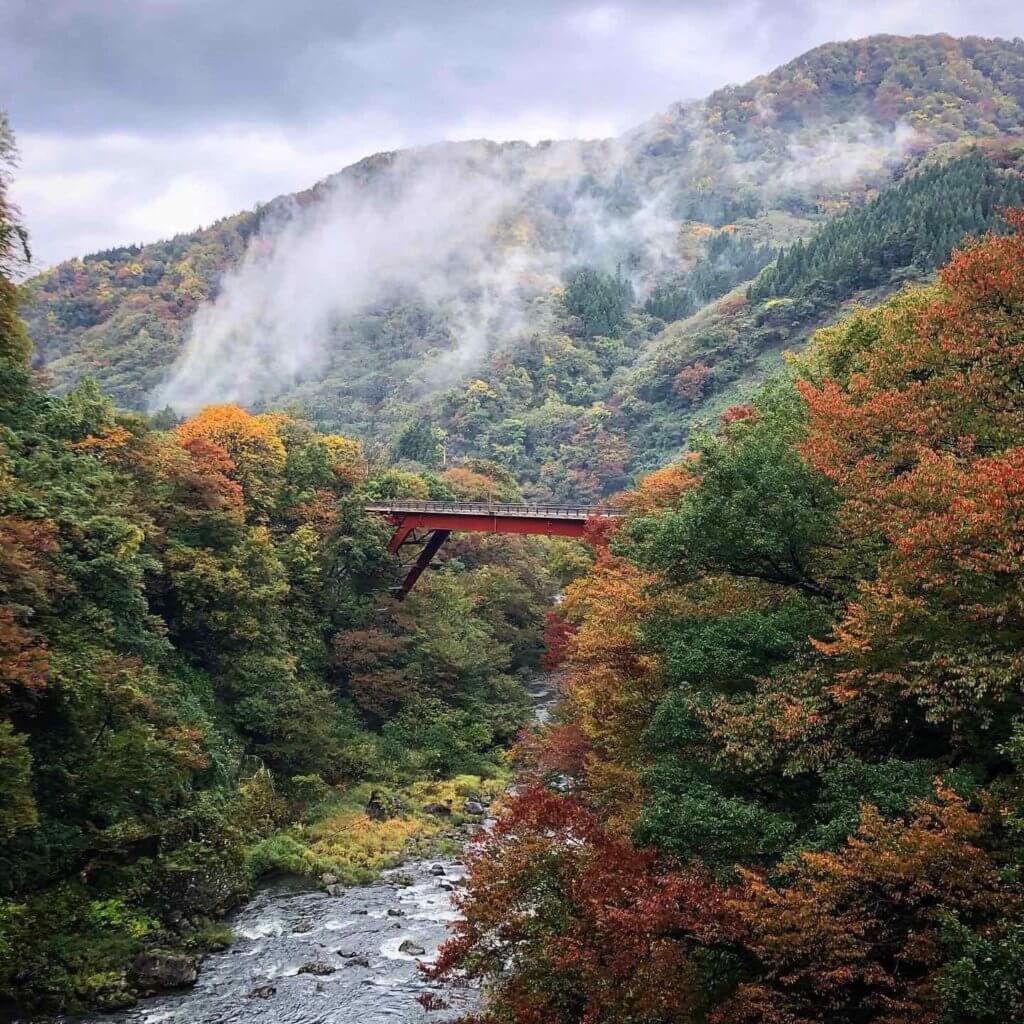 The Bonji River surrounded by autumn leaves on the way up to Mt. Yudono in autumn