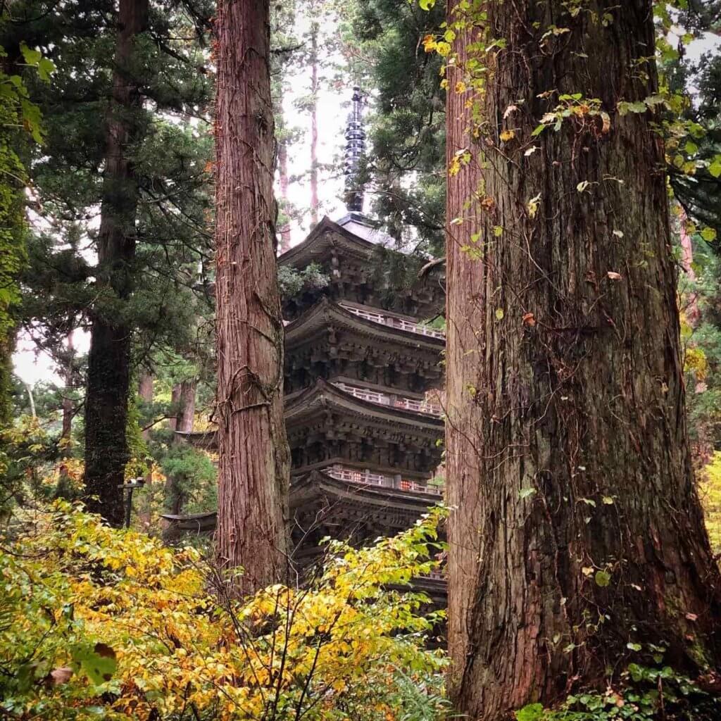 The Five Story Pagoda of Mt. Haguro of the Dewa Sanzan in the Autumn Leaves