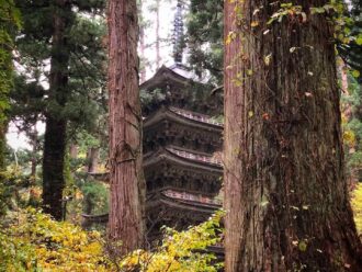 The Five Story Pagoda of Mt. Haguro of the Dewa Sanzan in the Autumn Leaves