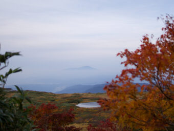 Mt. Chokai amongst the autumn leaves seen from Mt. Gassan of the Dewa Sanzan